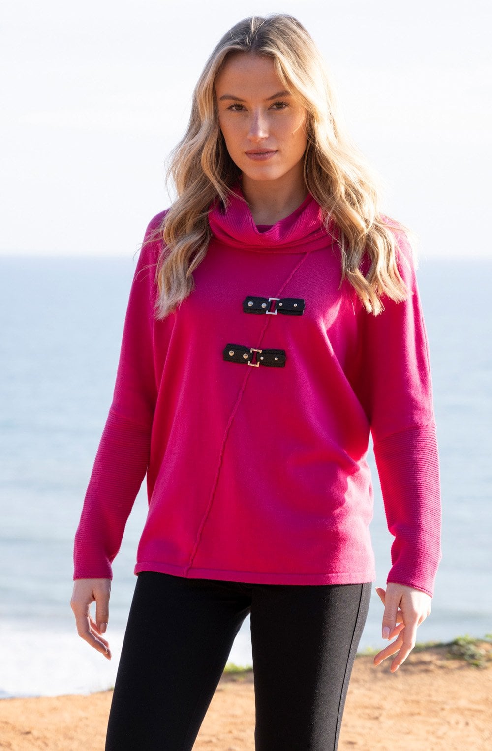 Fuchsia Oversized Jumper with Faux Leather Details