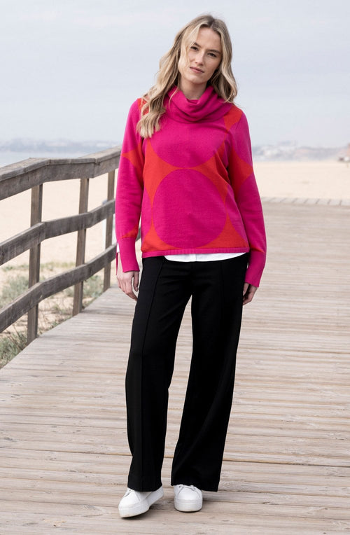 Fuchsia & Red Polka Dot Cowl Neck Jumper