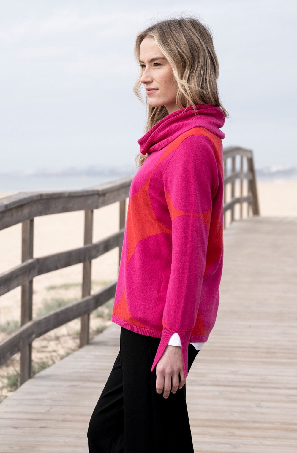 Fuchsia & Red Polka Dot Cowl Neck Jumper