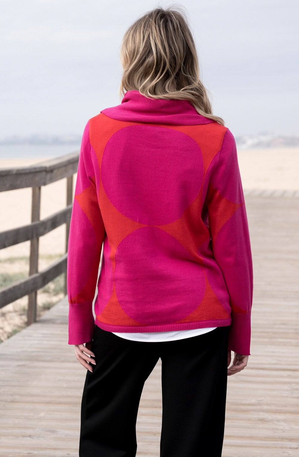 Fuchsia & Red Polka Dot Cowl Neck Jumper