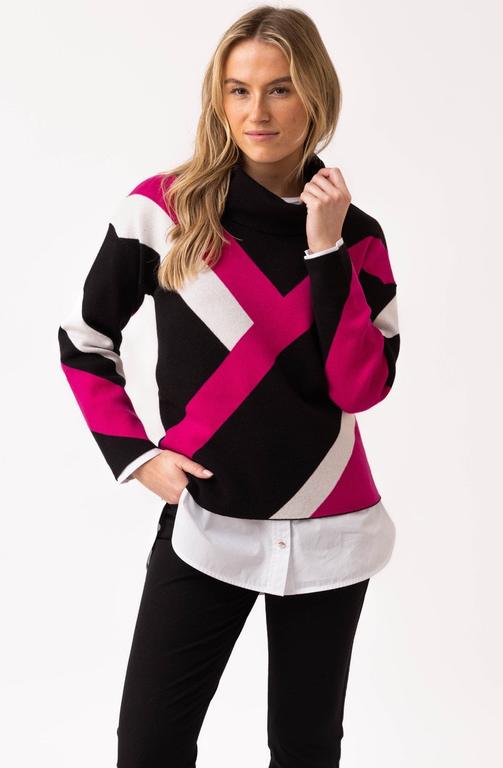 Fuchsia Striped Cowl Neck Jacquard Jumper