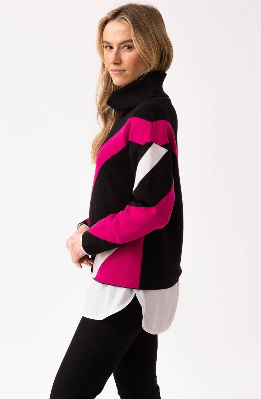 Fuchsia Striped Cowl Neck Jacquard Jumper