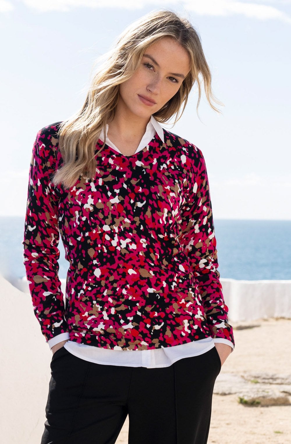 Fuchsia V Neck Abstract Print Jumper