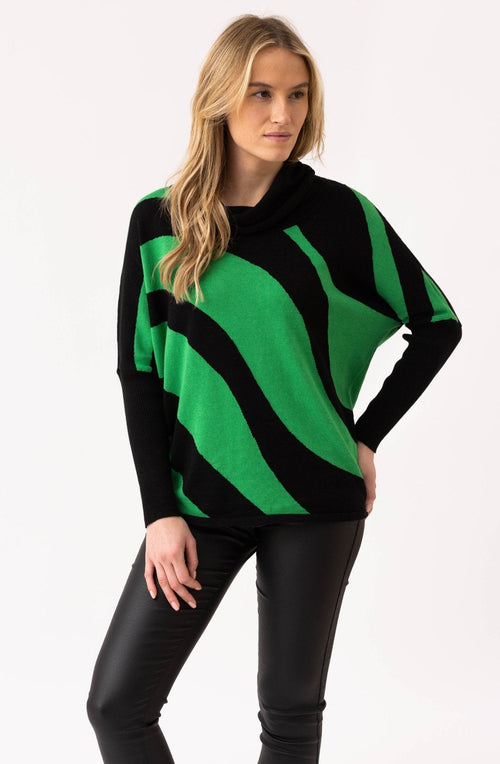 Green and Black Batwing and Cowl Neck Jumper