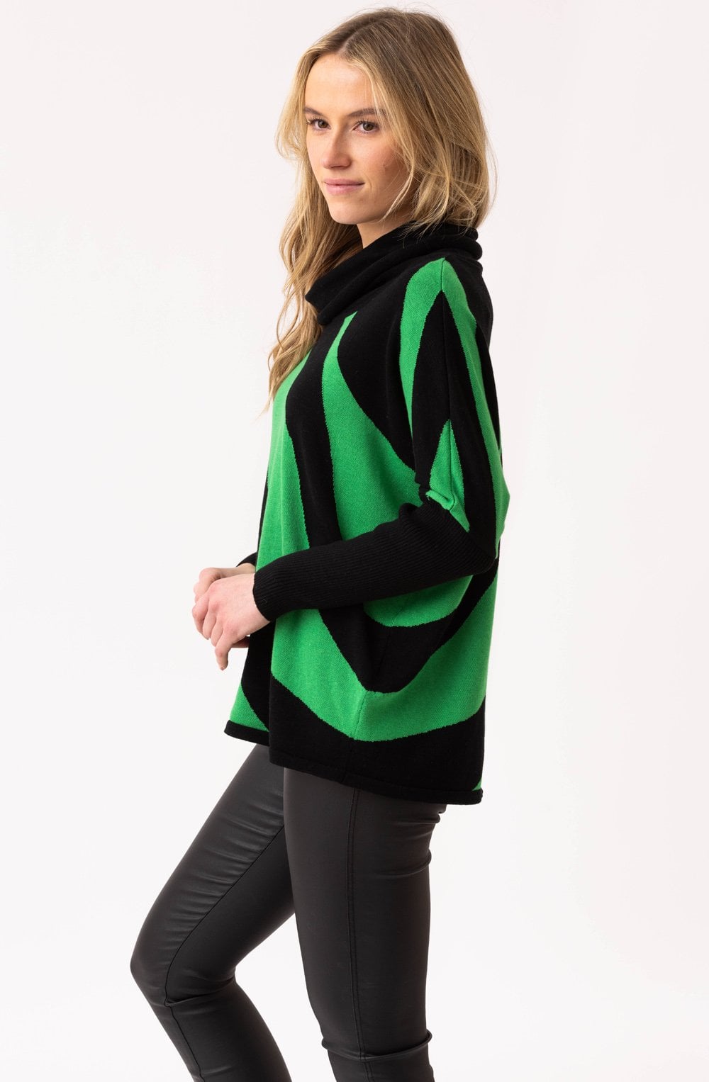 Green and Black Batwing and Cowl Neck Jumper