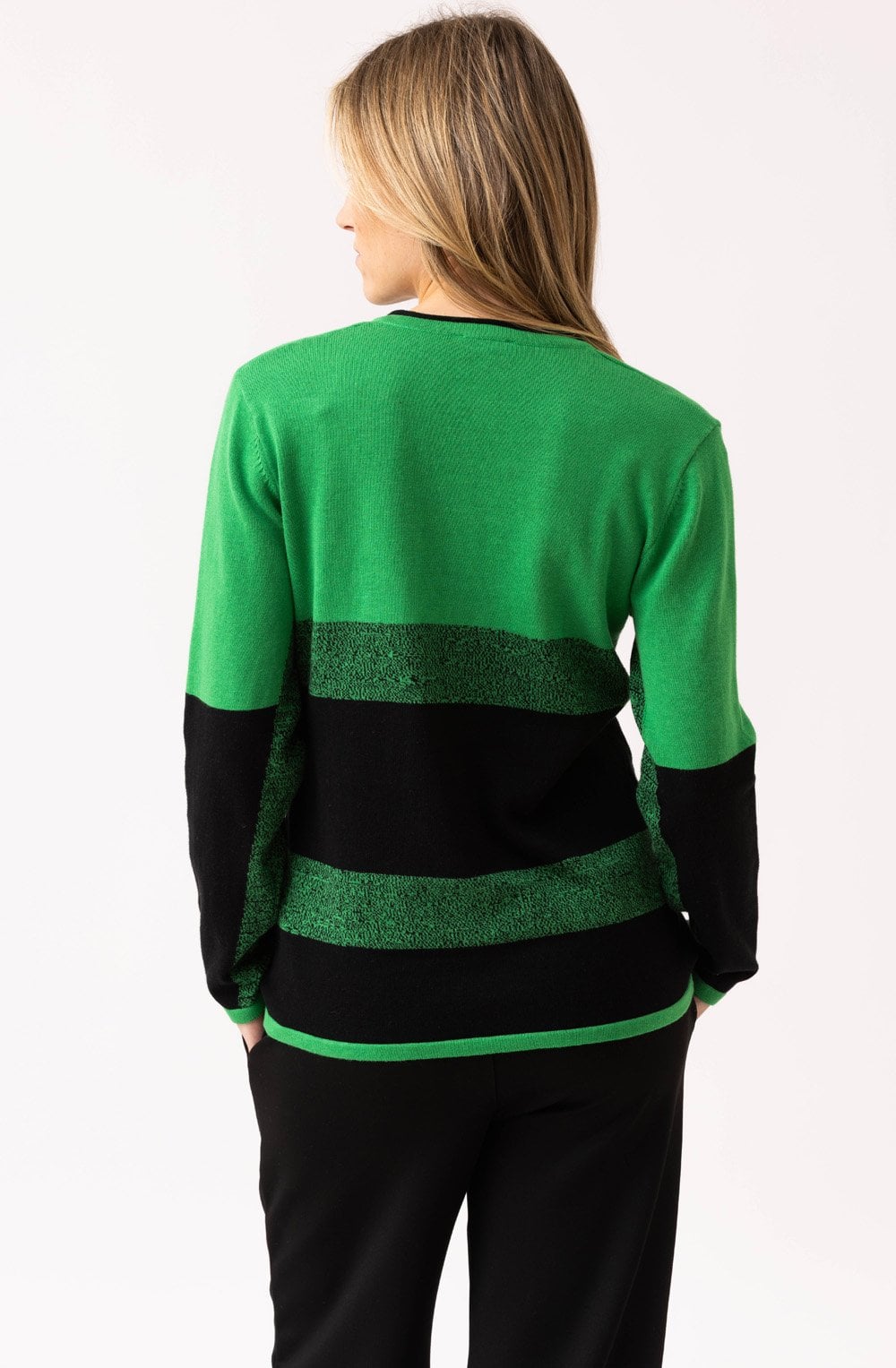 Green and Black Graduated Stripe V Neck Jumper