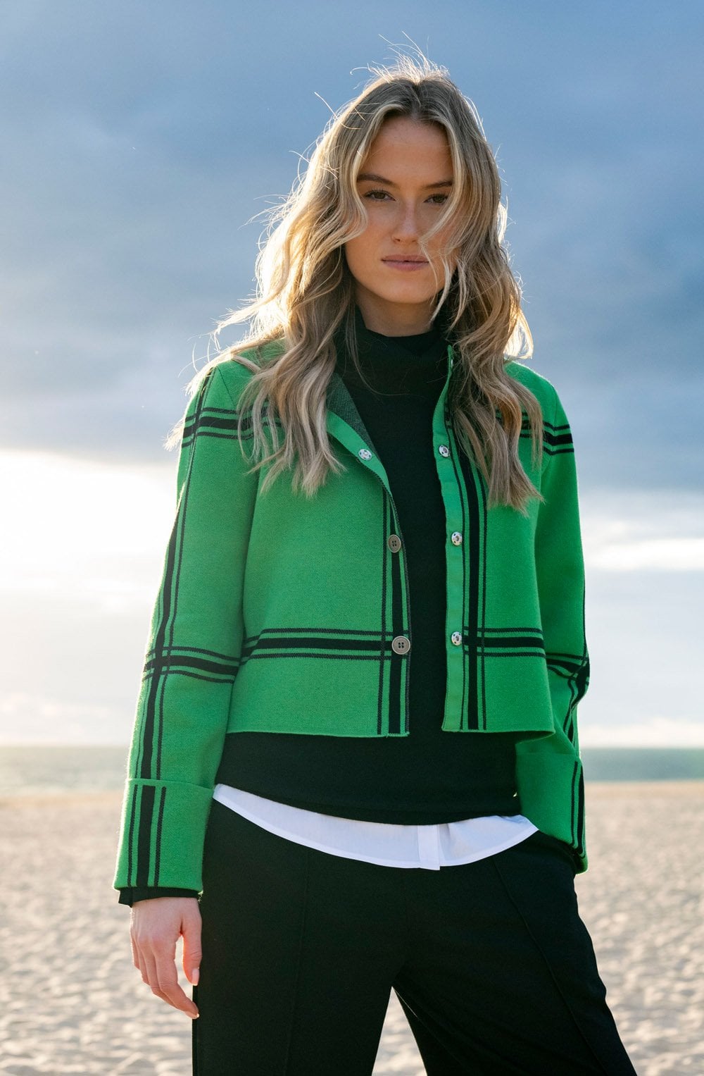Green and Black Round Neck Cardigan
