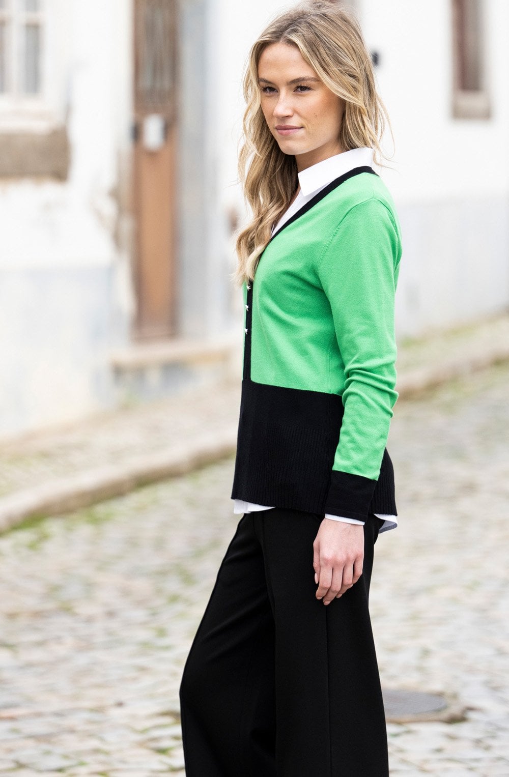 Green and Black V Neck Fitted Jumper