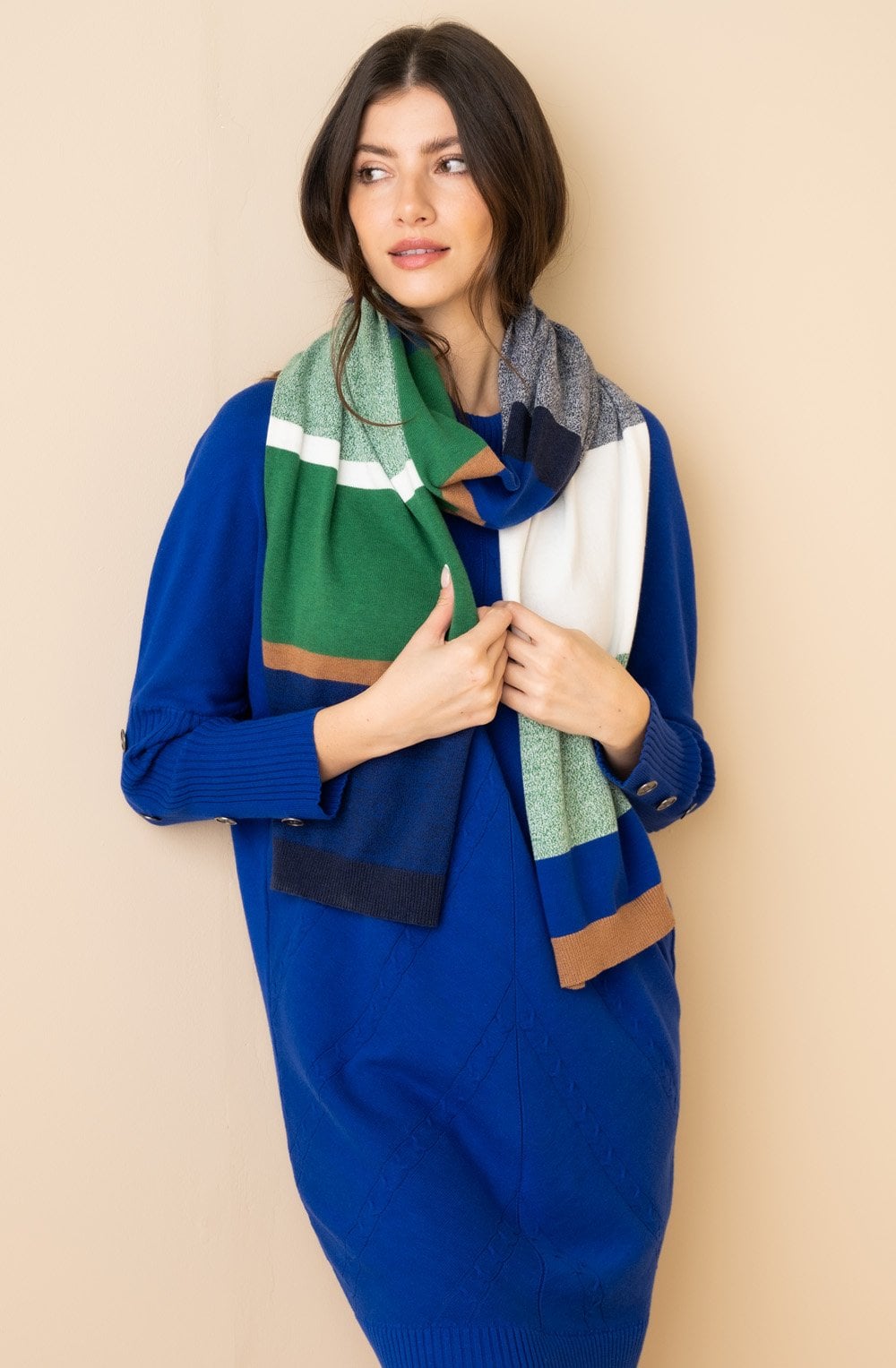 Green and Blue Solid and Twisted Colour Block Stripe Scarf