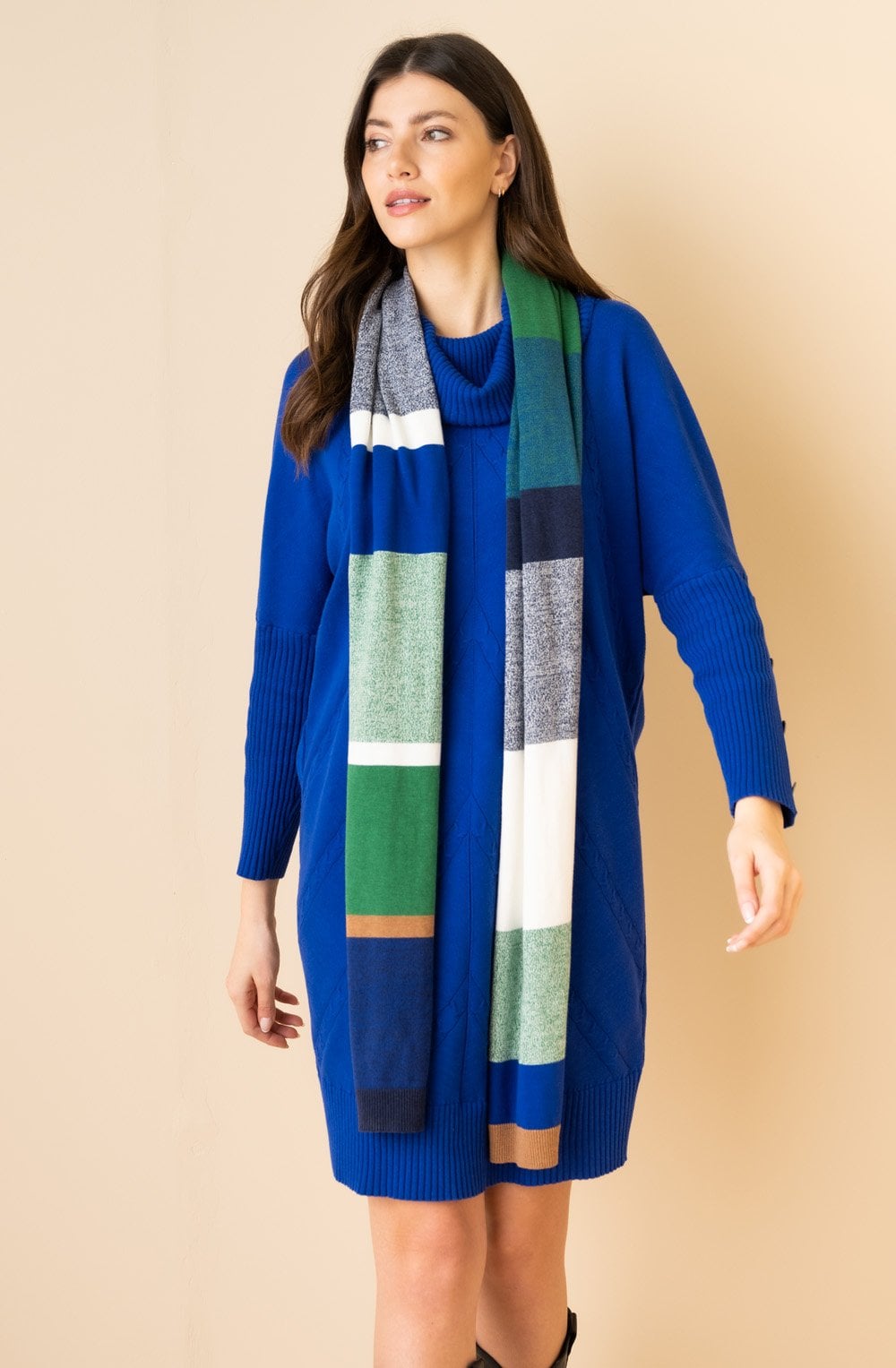 Green and Blue Solid and Twisted Colour Block Stripe Scarf