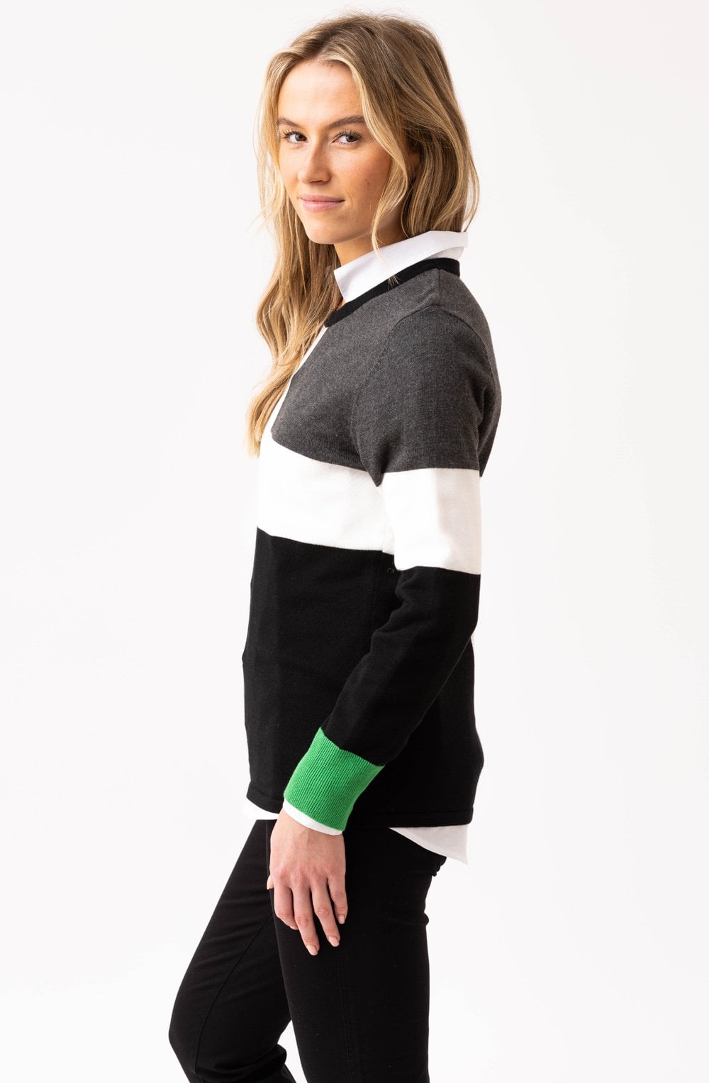 Green and Charcoal Asymmetric Colour Block Jumper