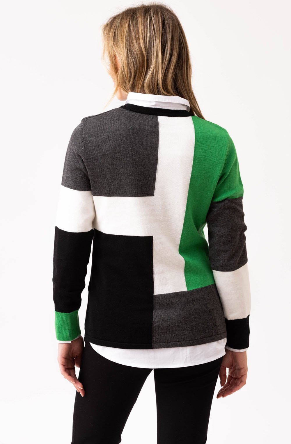 Green and Charcoal Asymmetric Colour Block Jumper