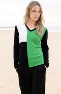 Green Asymmetric Colour Block V Neck Jumper