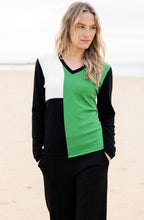 Green Asymmetric Colour Block V Neck Jumper