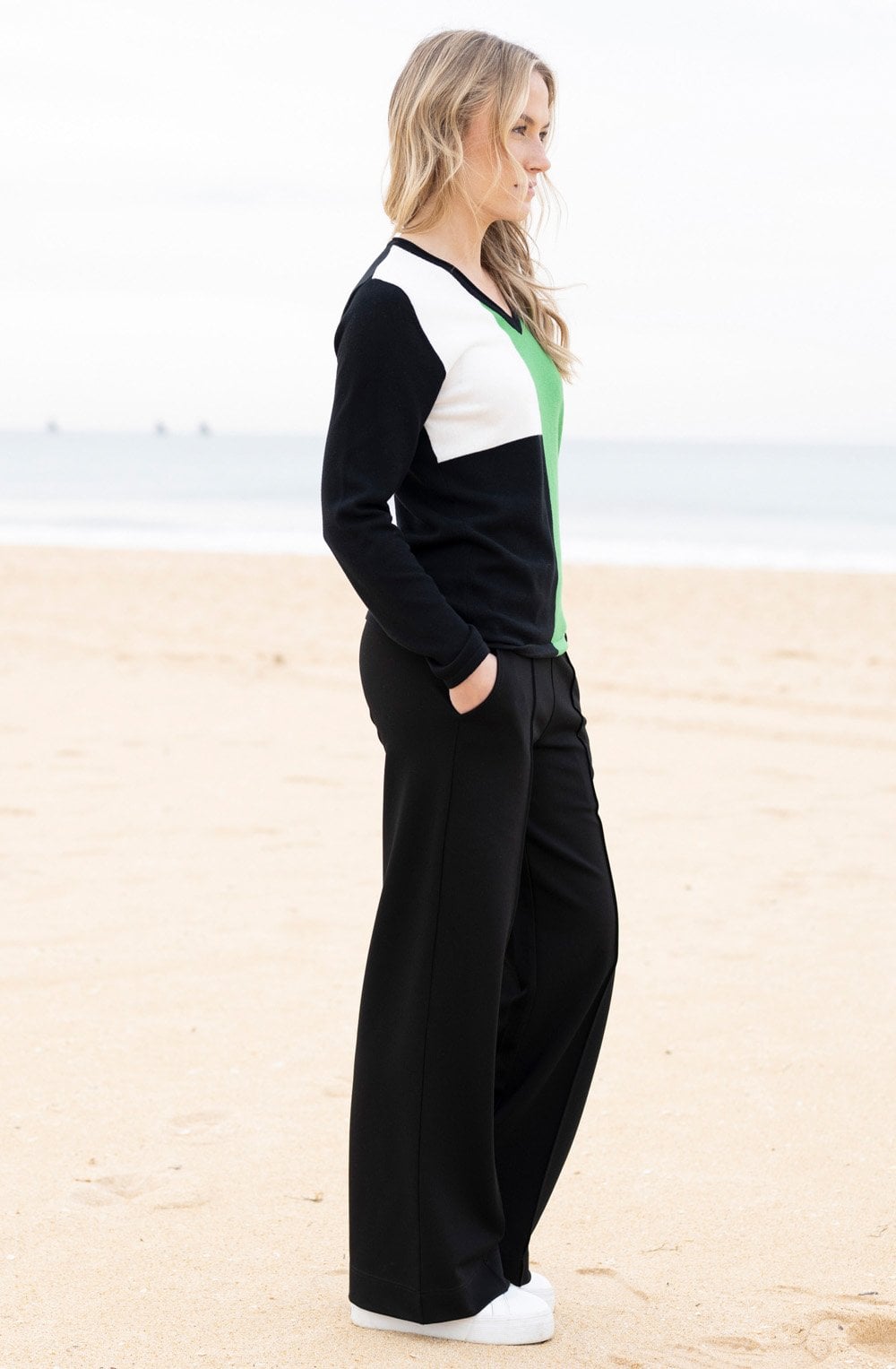 Green Asymmetric Colour Block V Neck Jumper