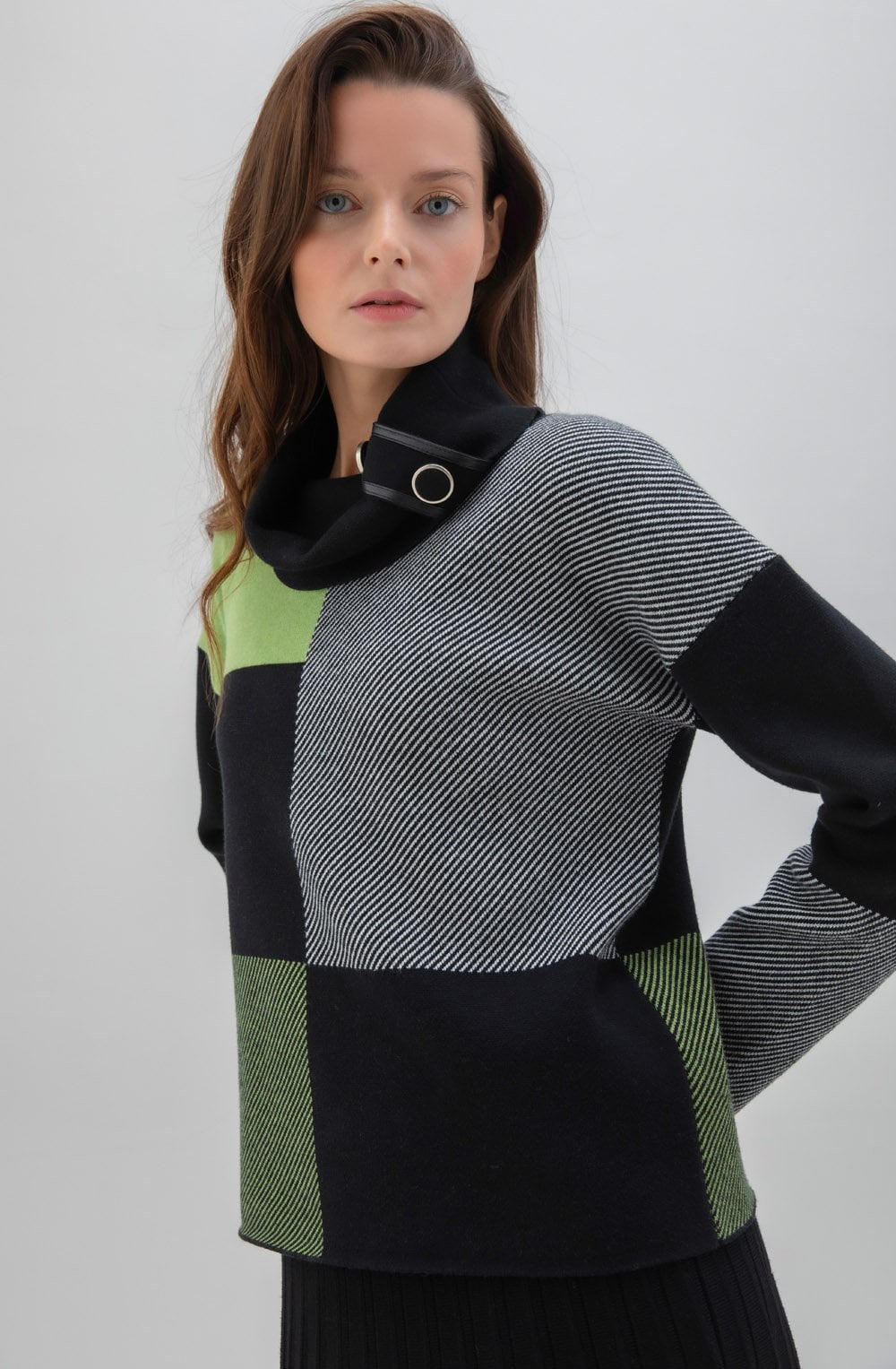 Green Block Print Jumper with Cowl Neck