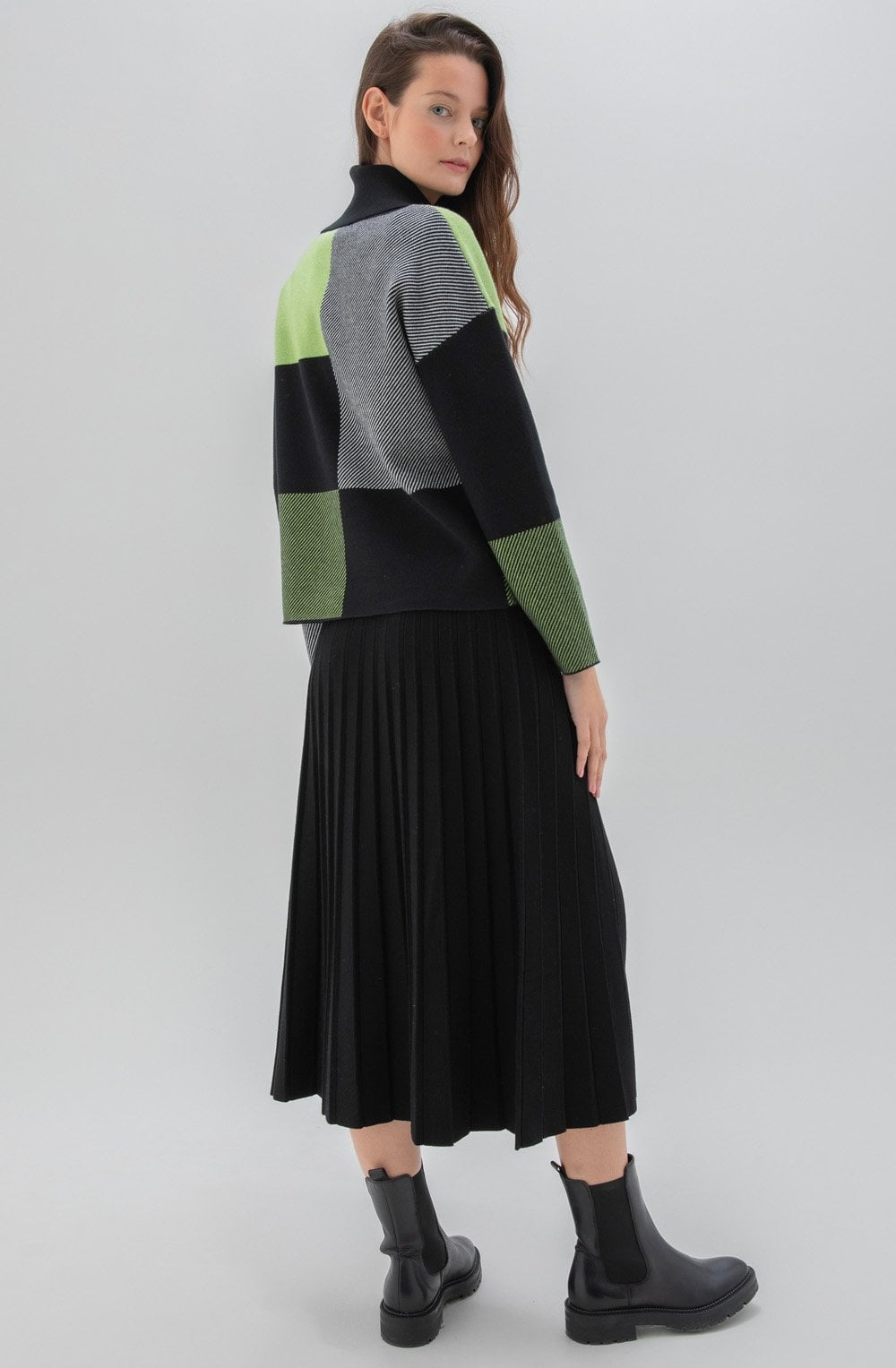 Green Block Print Jumper with Cowl Neck