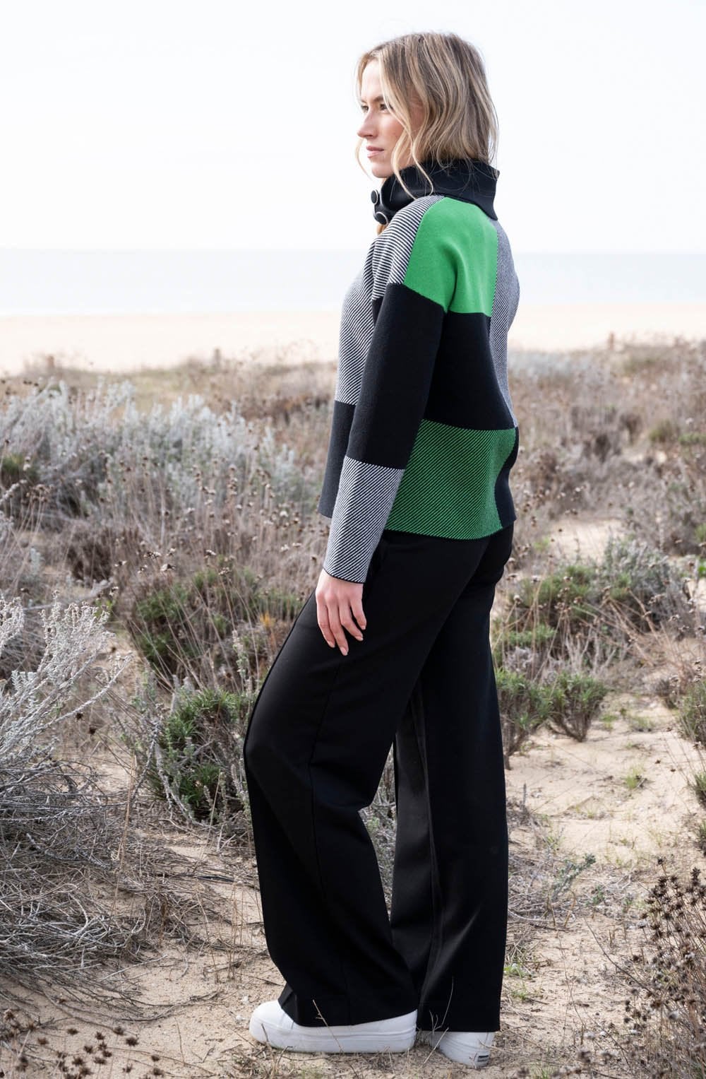 Green Block Print Jumper with Cowl Neck