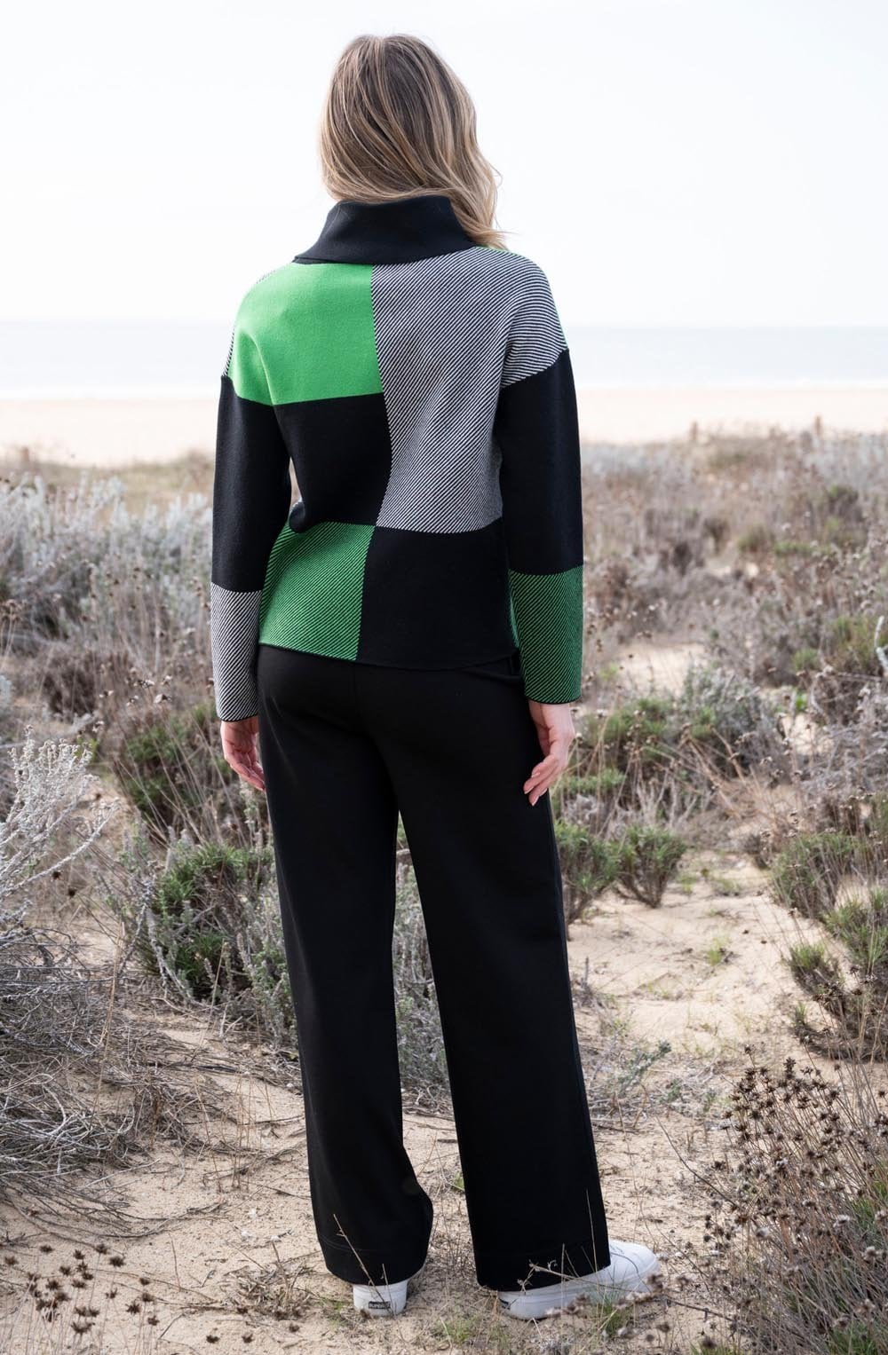 Green Block Print Jumper with Cowl Neck