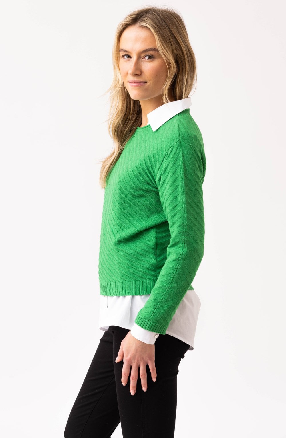 Green Diagonal Ribbed Knit Jumper
