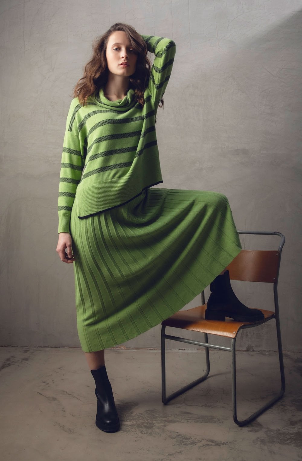 Green Distorted Stripe Cowl Neck Jumper
