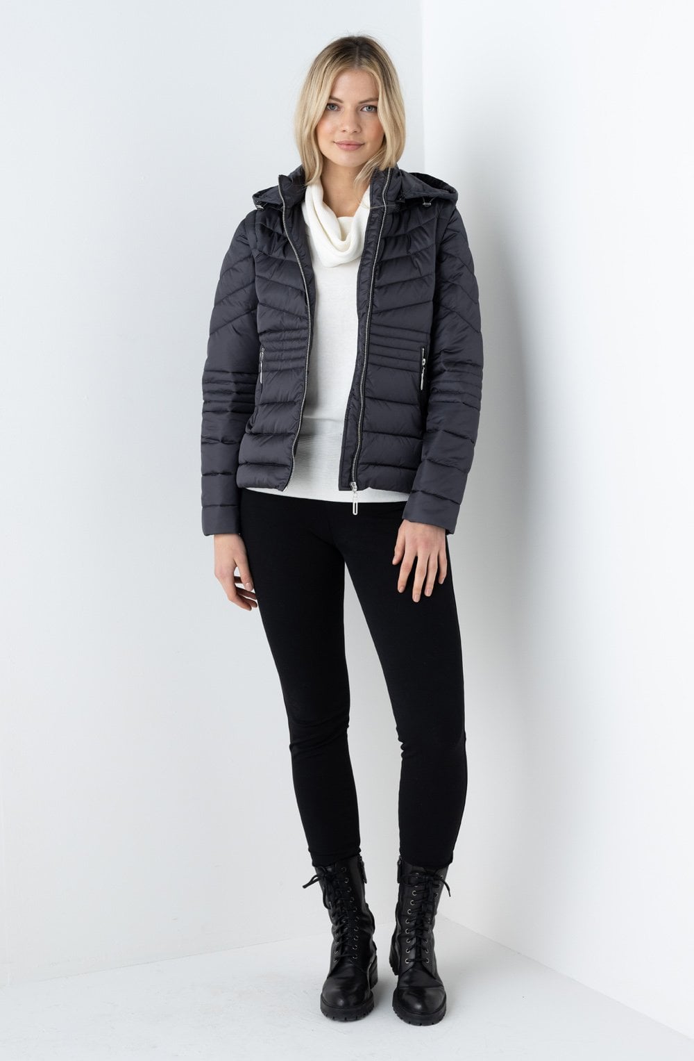 Grey in Quilted Coat