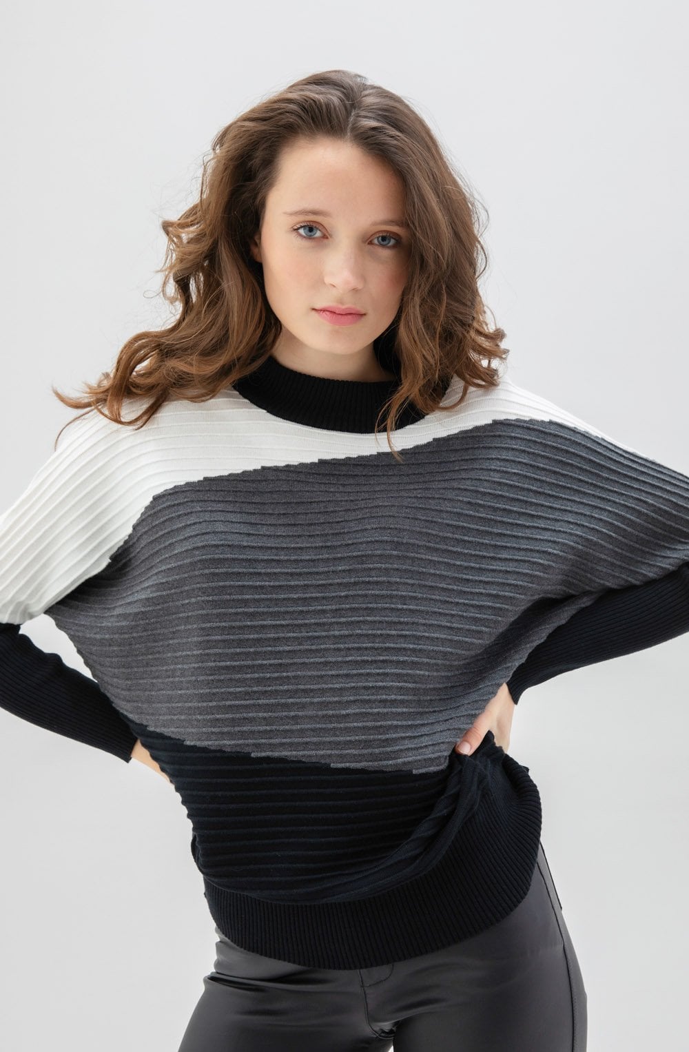 Grey Ribbed Knit Batwing Jumper
