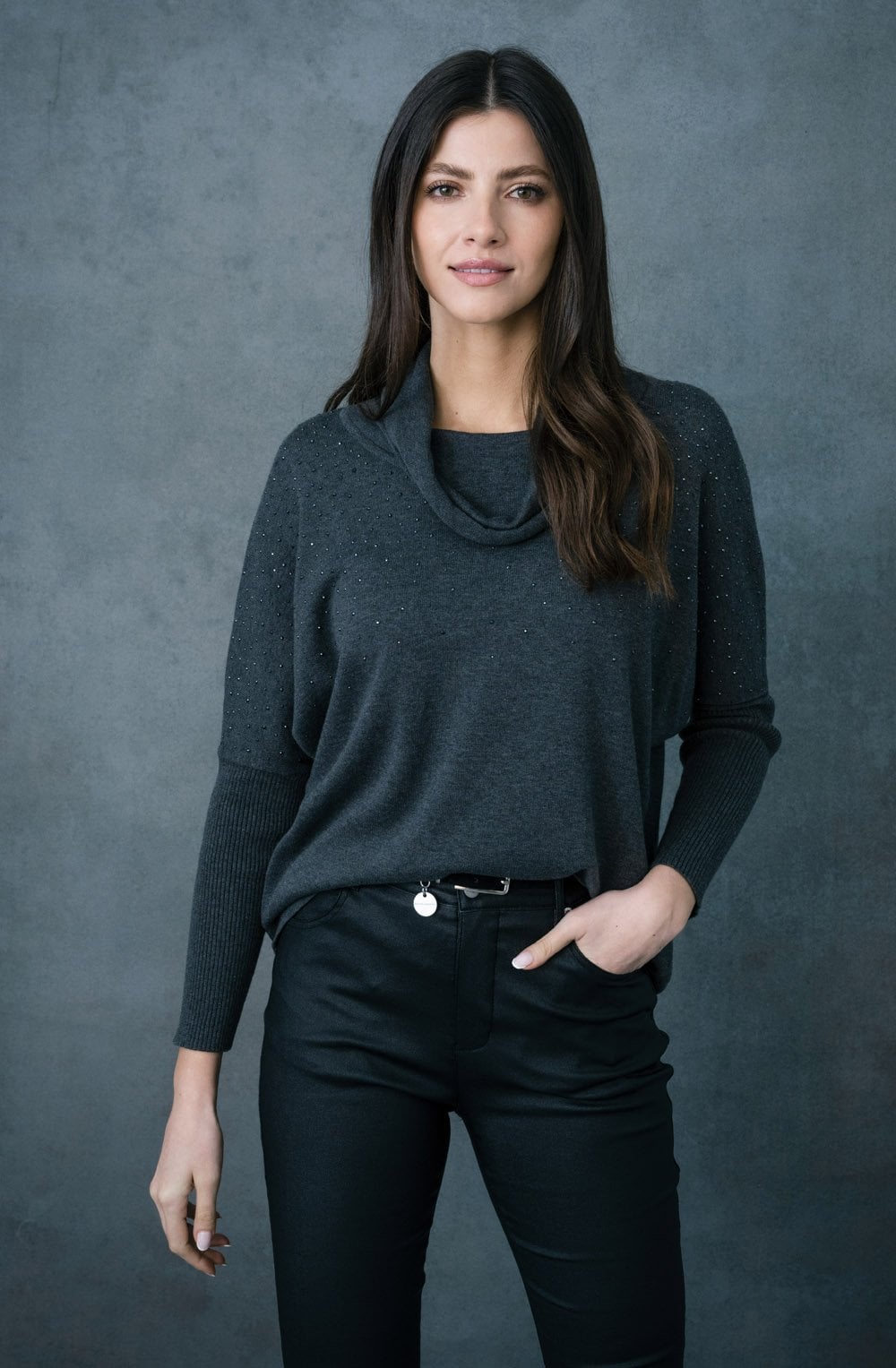 Grey Sparkle Cowl Neck Jumper