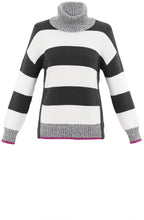 Grey & White Block Stripe Jumper Pink Detail