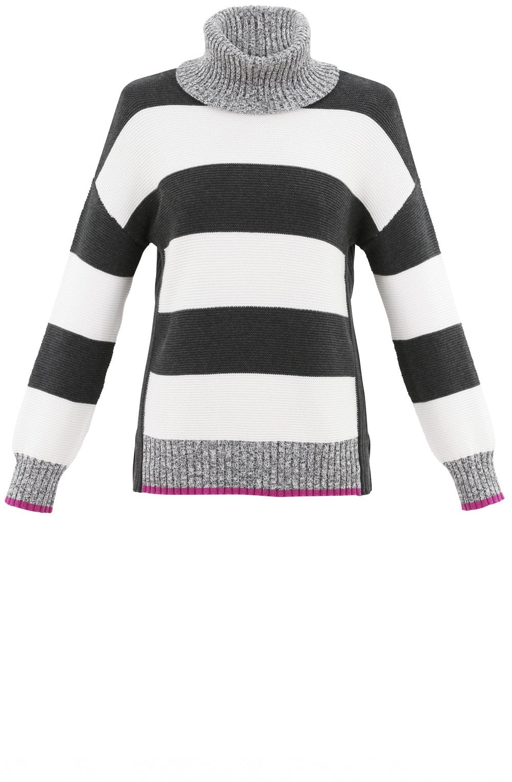 Grey & White Block Stripe Jumper Pink Detail