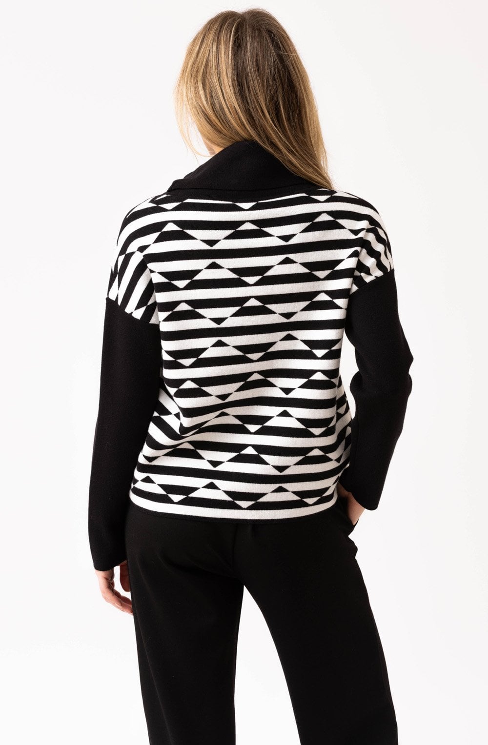 Ivory and Black Diamond Stripe Cowl Neck Jumper