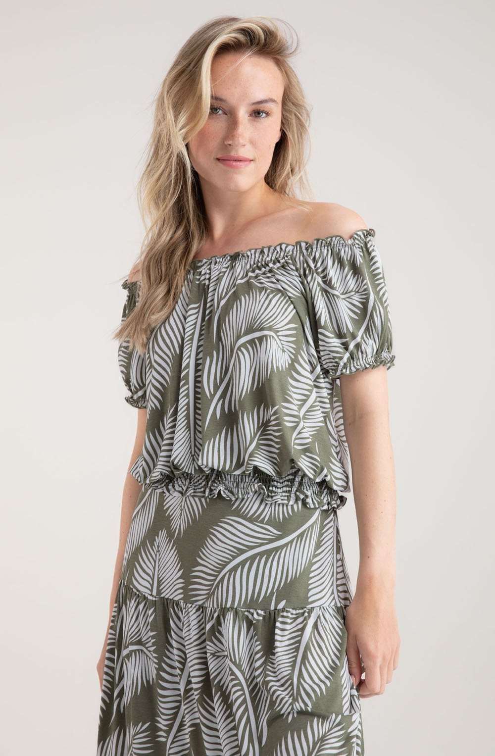 Khaki Adjustable Neckline Ruffled Top