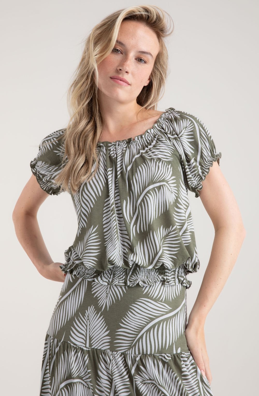 Khaki Adjustable Neckline Ruffled Top