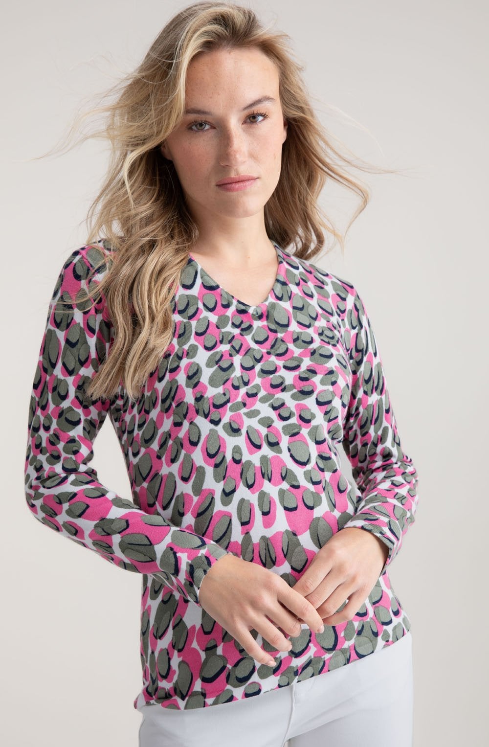 Khaki and Pink Splodge Print Jumper