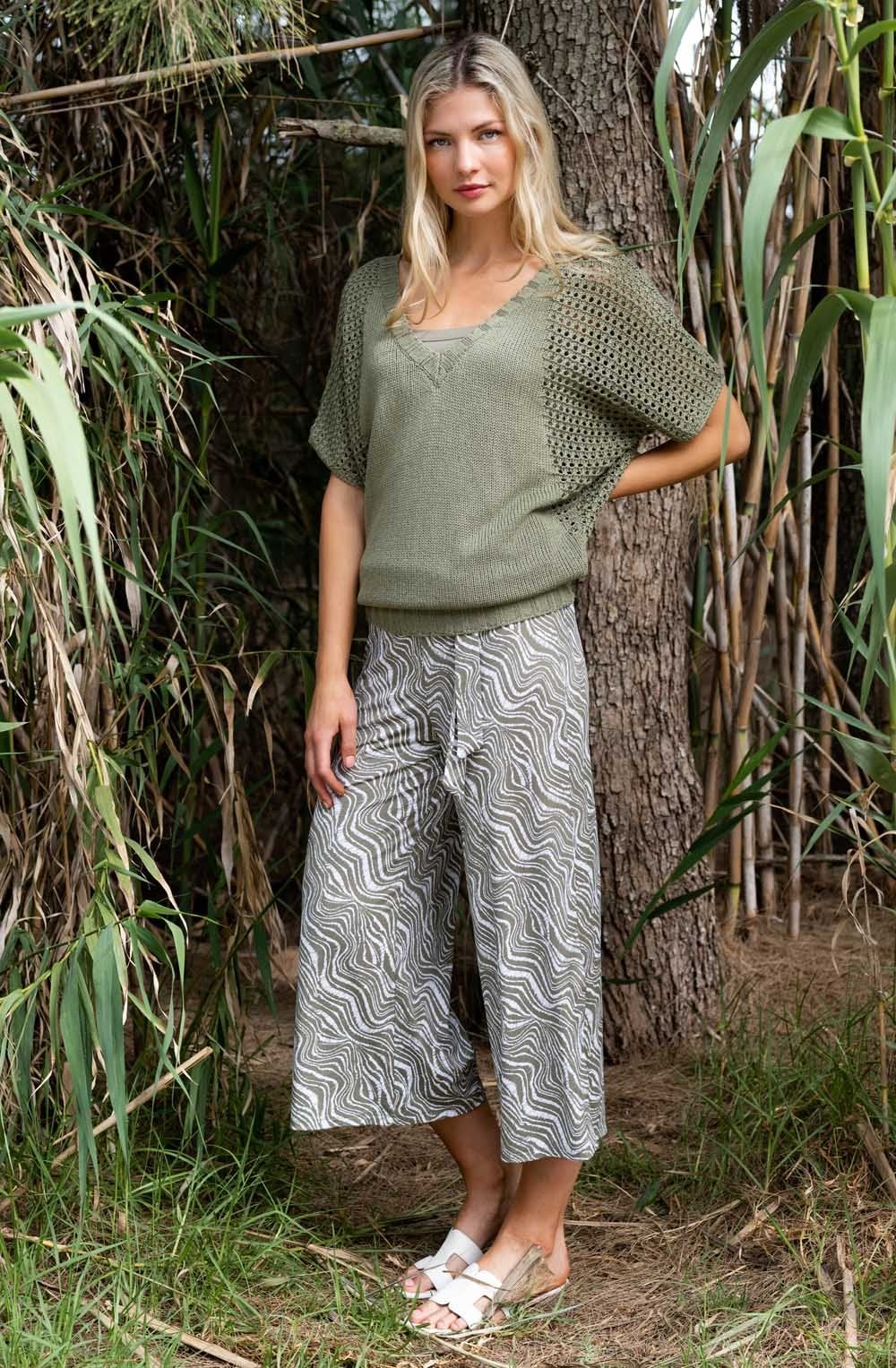 Khaki Bold Print Jersey Culottes