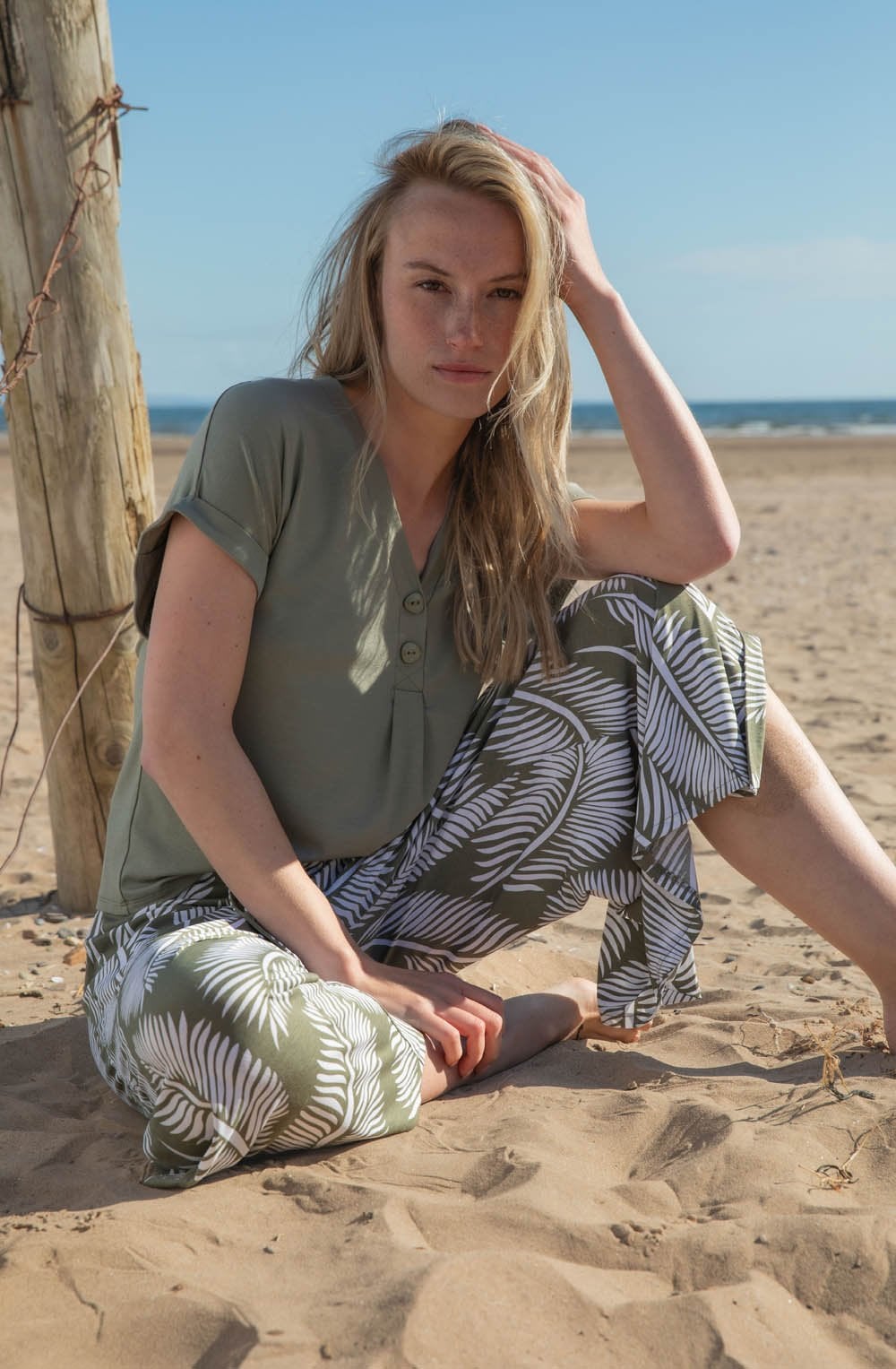 Khaki Button Detail Relaxed T Shirt