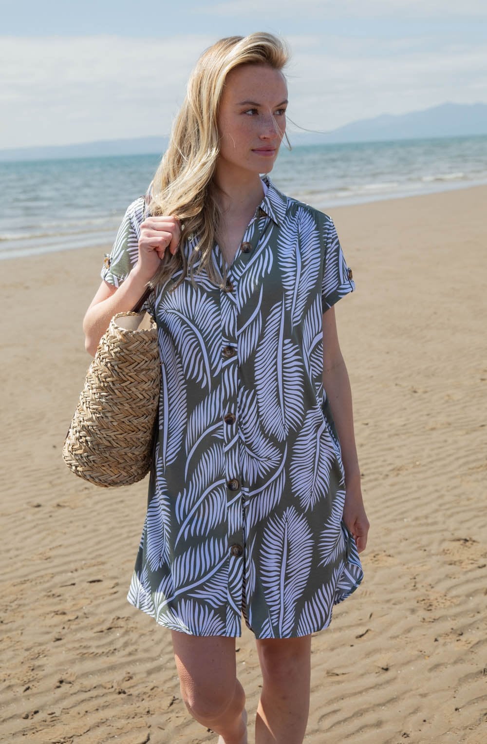 Khaki Palm Leaf Jersey Shirt Dress