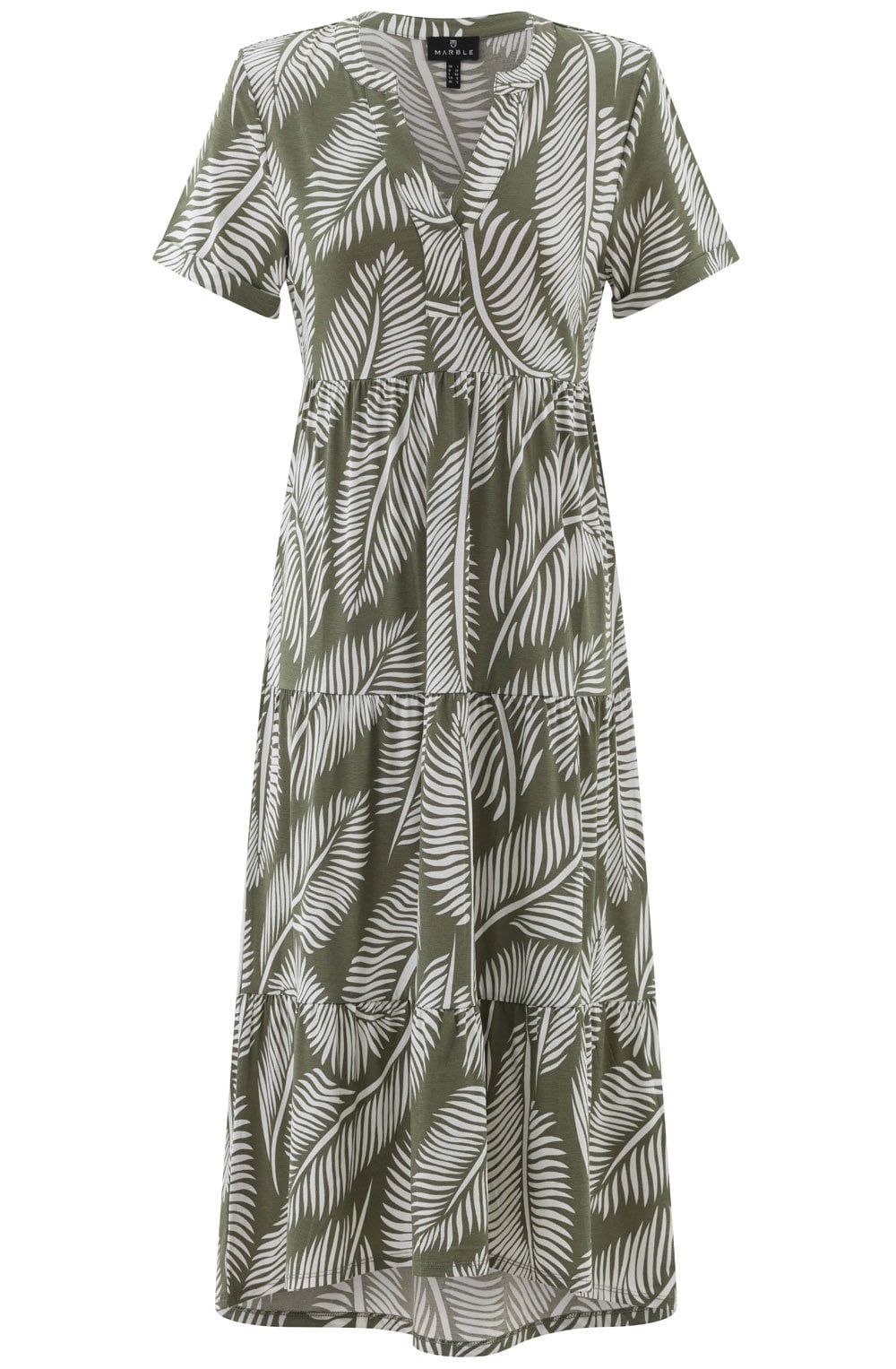 Khaki Palm Leaf Jersey Tiered Midi Dress
