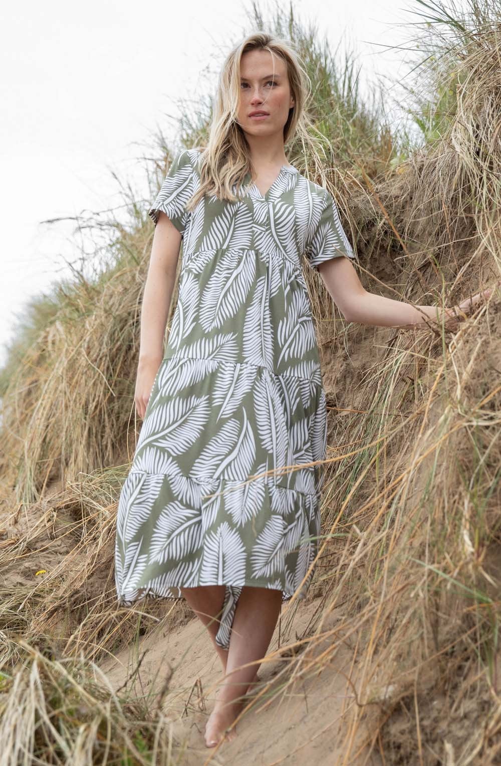 Khaki Palm Leaf Jersey Tiered Midi Dress
