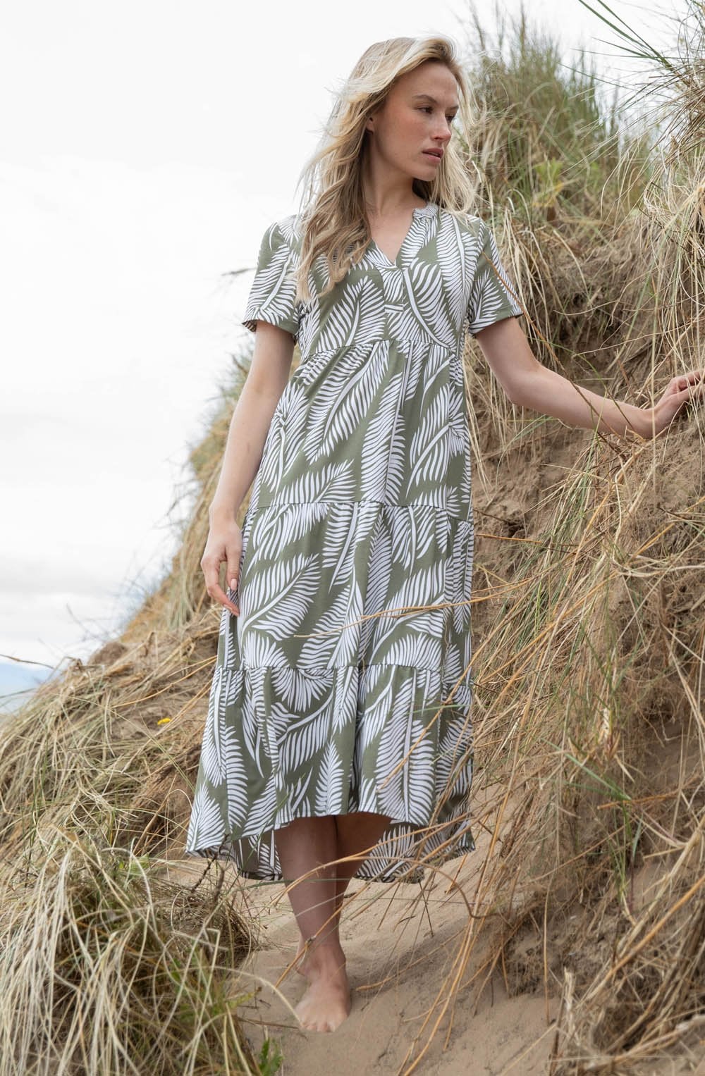Khaki Palm Leaf Jersey Tiered Midi Dress