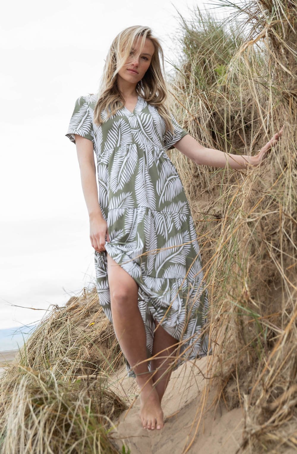 Khaki Palm Leaf Jersey Tiered Midi Dress