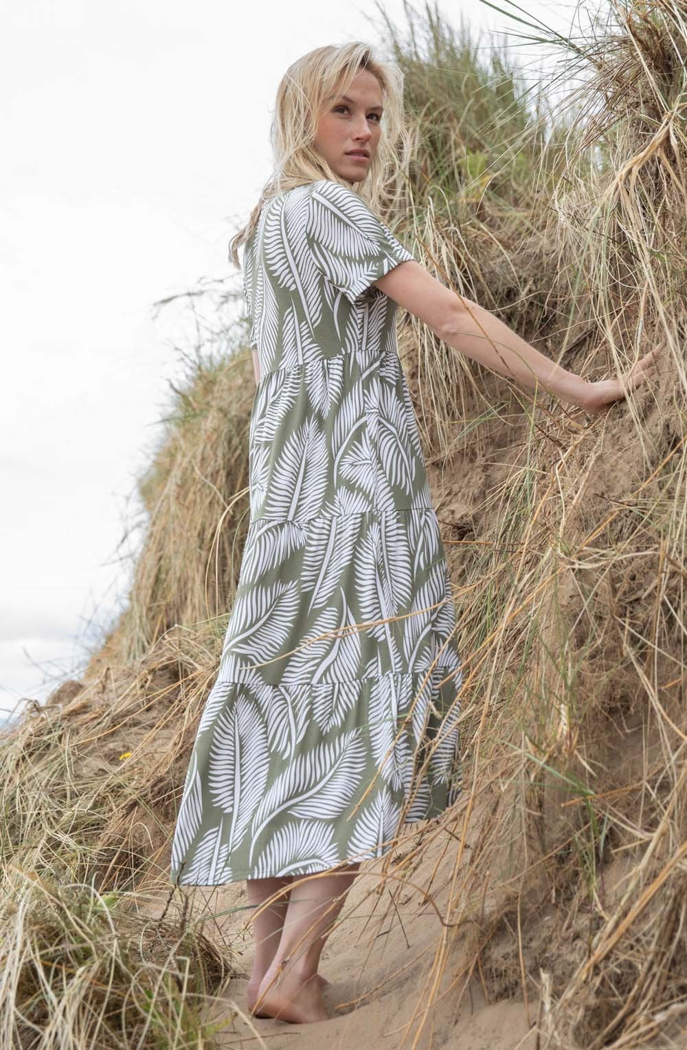 Khaki Palm Leaf Jersey Tiered Midi Dress