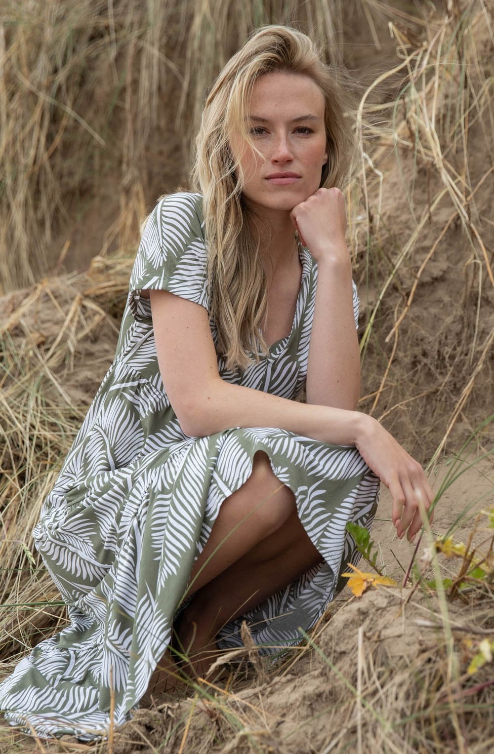 Khaki Palm Leaf Jersey Tiered Midi Dress