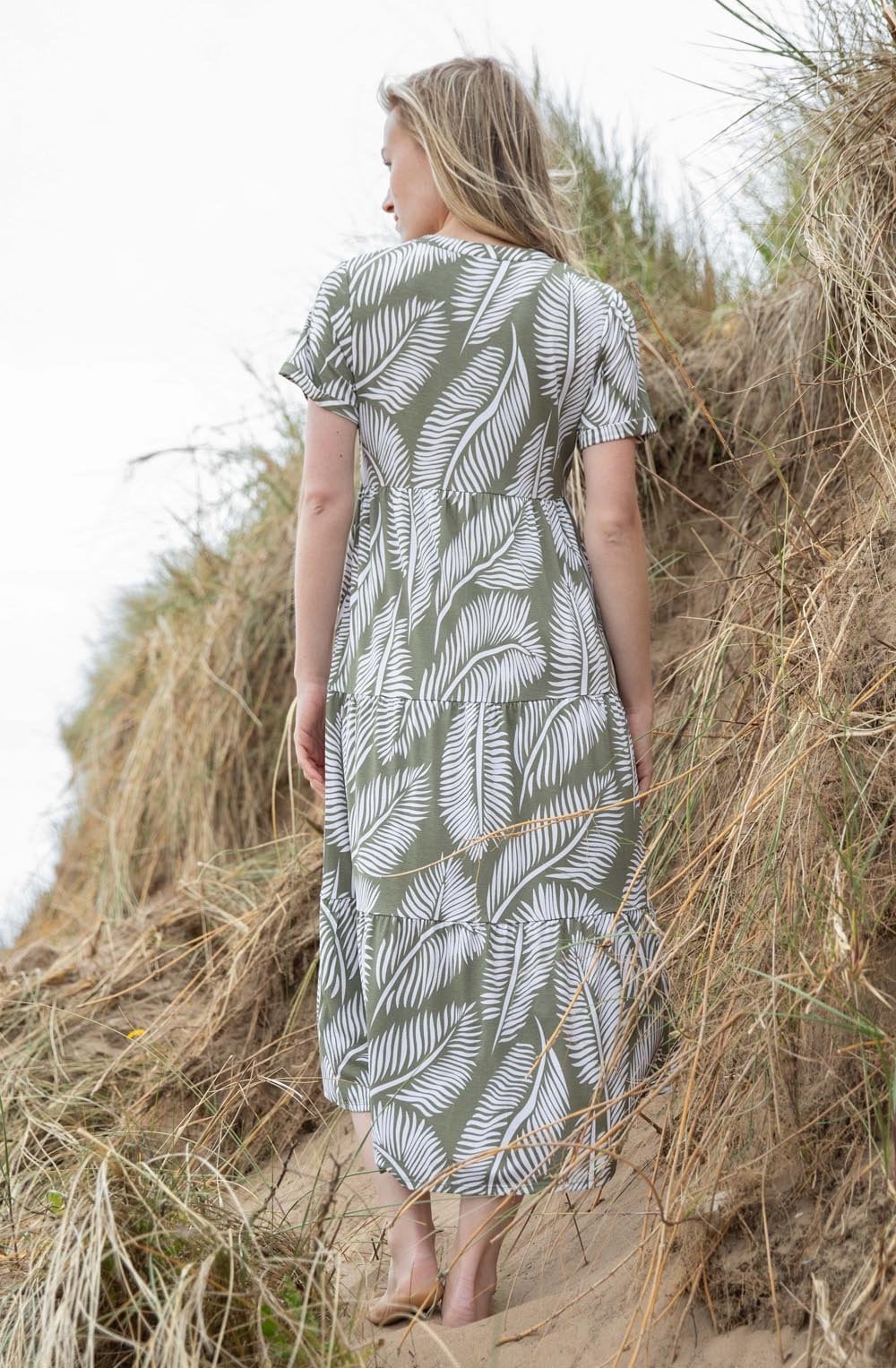 Khaki Palm Leaf Jersey Tiered Midi Dress