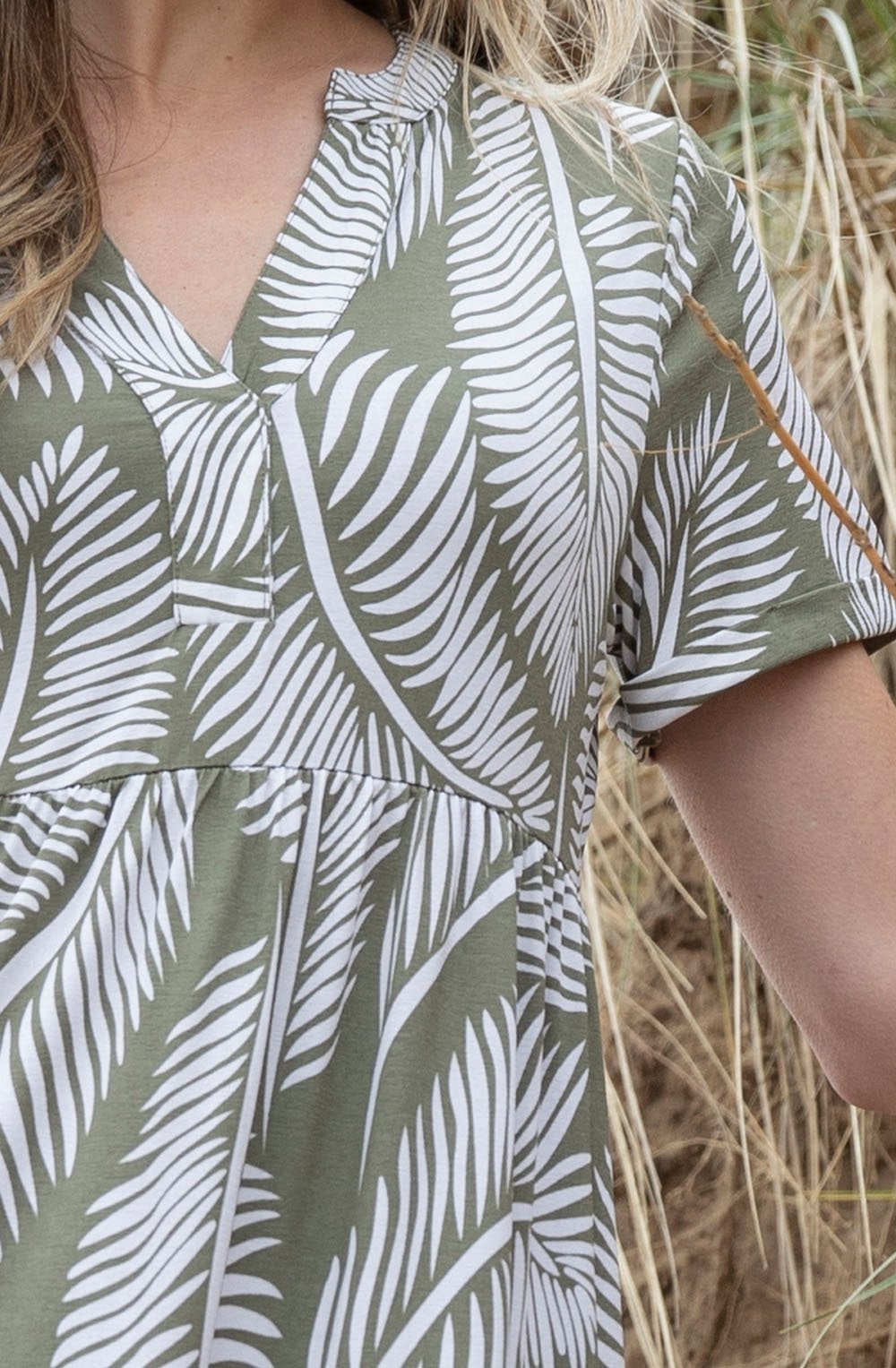 Khaki Palm Leaf Jersey Tiered Midi Dress