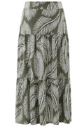 Khaki Palm Leaf Tiered Jersey Maxi Skirt
