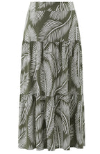 Khaki Palm Leaf Tiered Jersey Maxi Skirt