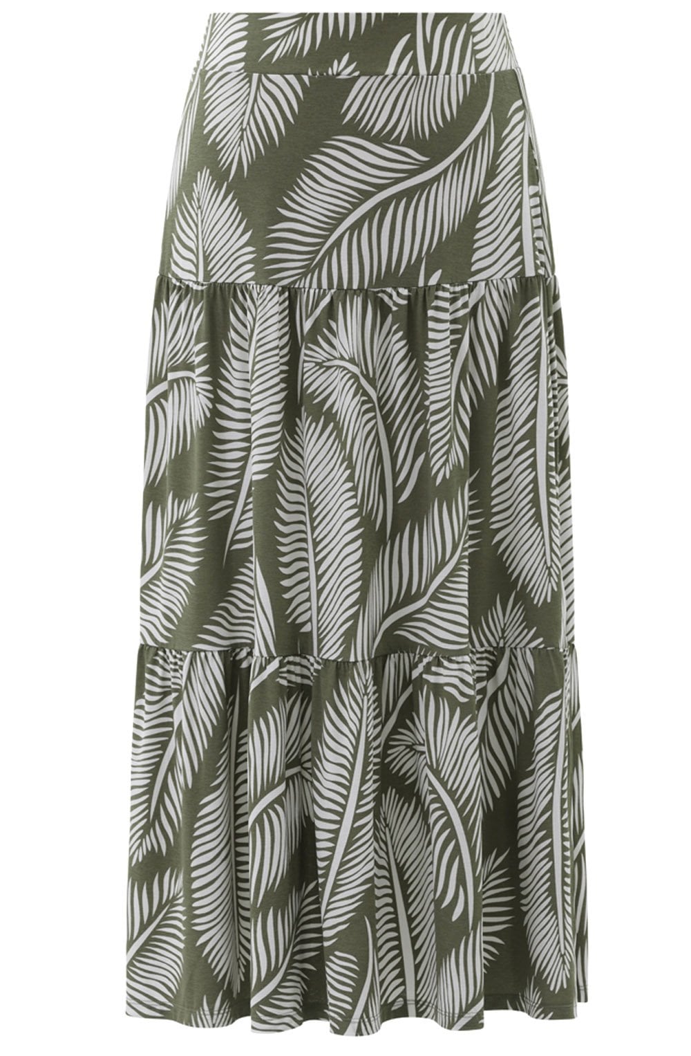 Khaki Palm Leaf Tiered Jersey Maxi Skirt