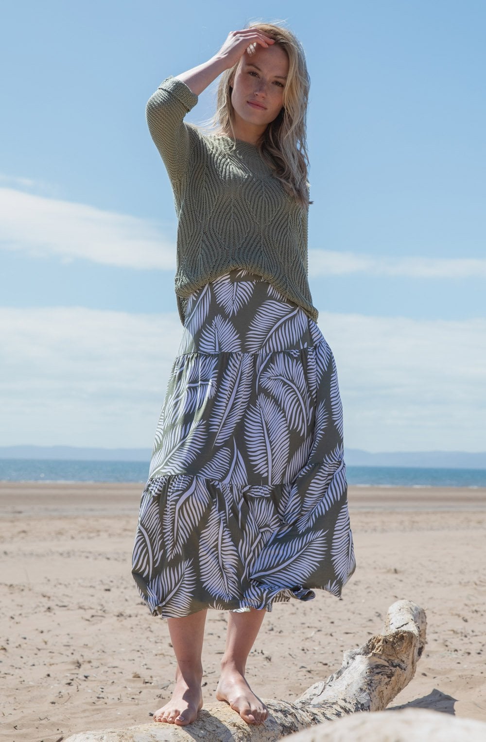 Khaki Palm Leaf Tiered Jersey Maxi Skirt