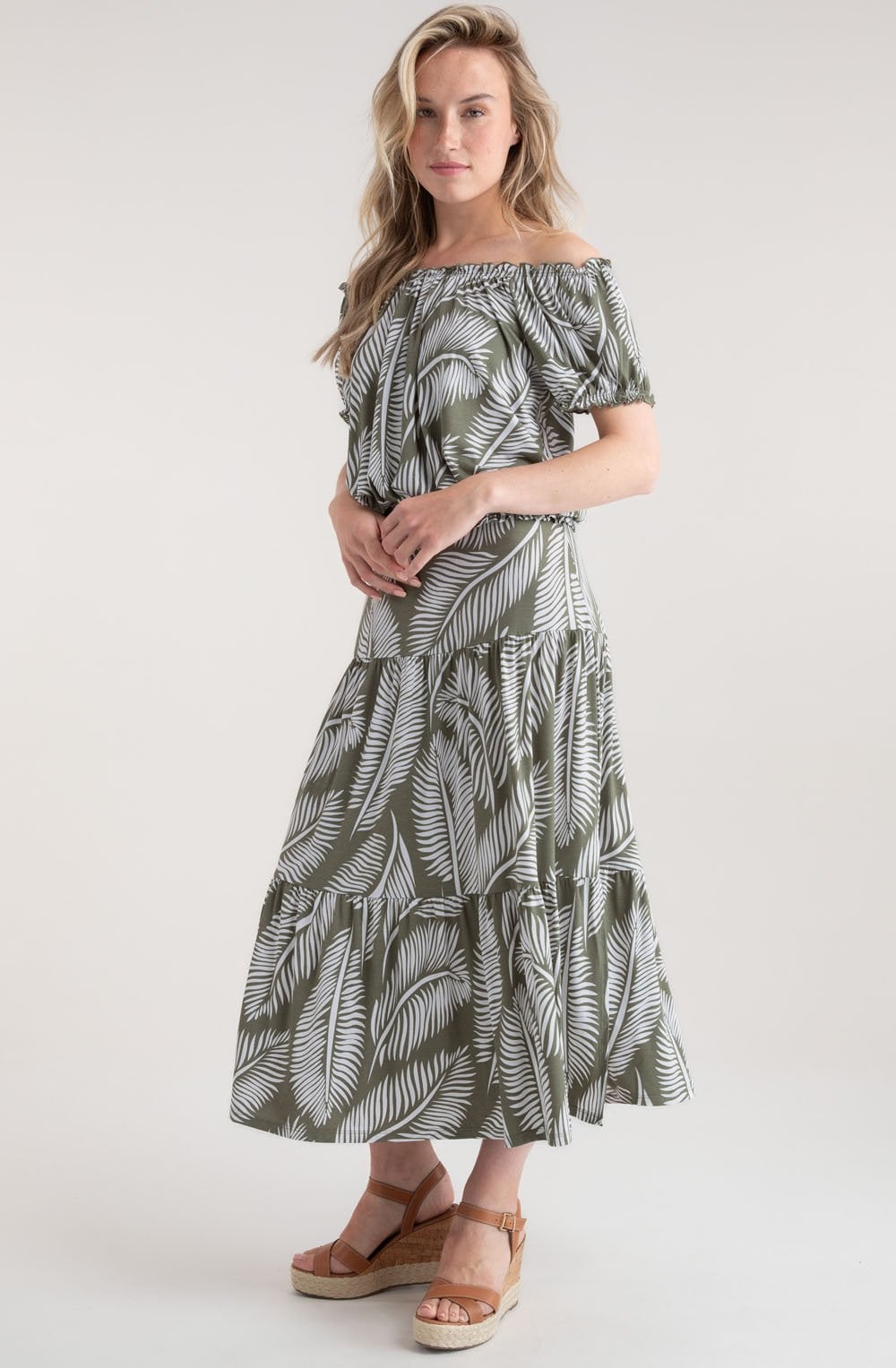Khaki Palm Leaf Tiered Jersey Maxi Skirt